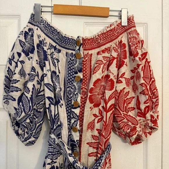 FARM Rio Mixed Pineapple Garden Off the Shoulder Mini Dress Red & Blue Medium - Picture 4 of 10